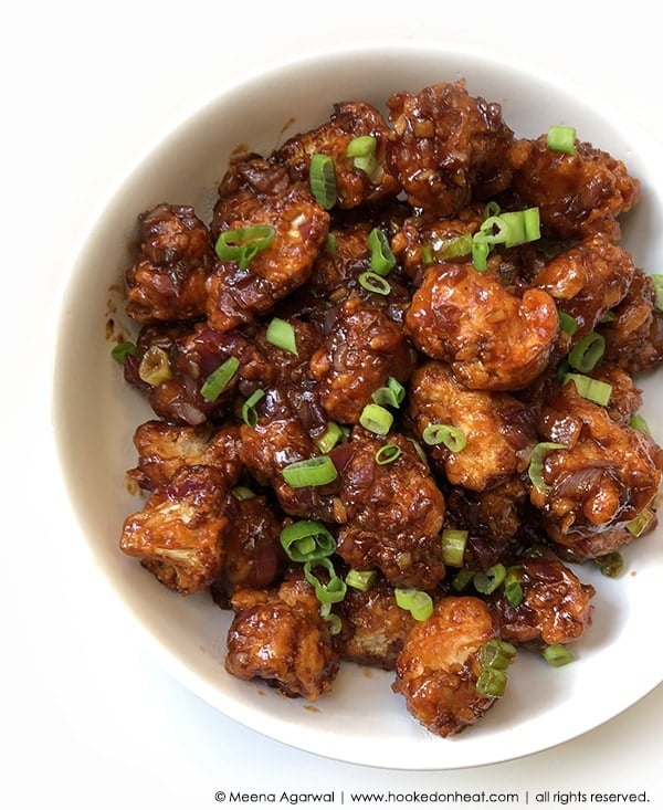 A bowl of Hakka-style Gobi Manchurian (Cauliflower Manchurian)