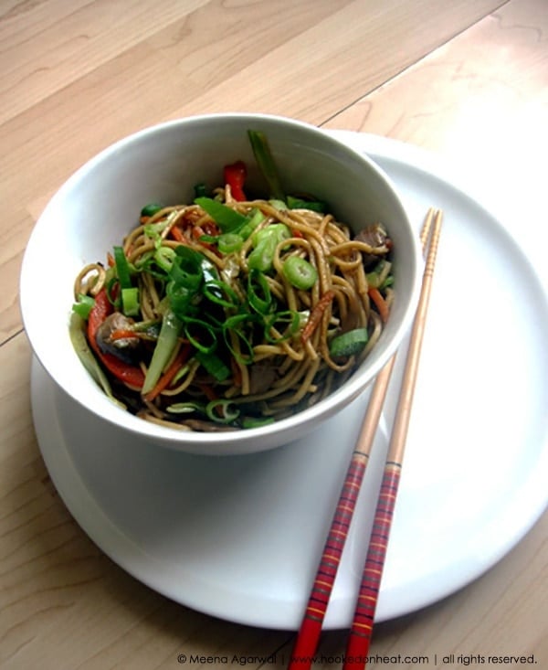 Recipe for Vegetable Hakka Chowmein taken from www.hookedonheat.com. Visit site for detailed recipe.