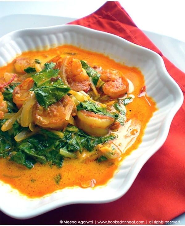 Recipe for Shrimp & Greens Curry taken from www.hookedonheat.com. Visit site for detailed recipe.