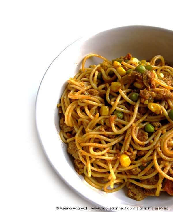 Recipe for Indian-style Keema Spaghetti taken from www.hookedonheat.com. Visit site for detailed recipe.