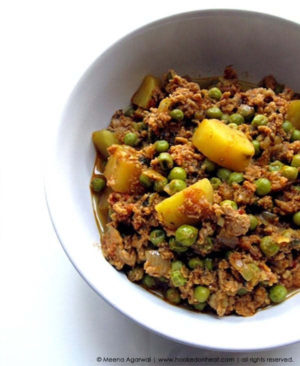 A bowl of Aloo Keema Matar (Ground Meat with Potatoes and Peas)