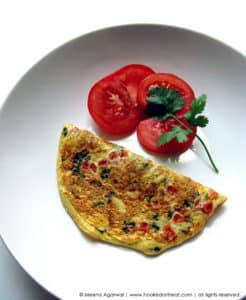 Recipe for Indian Masala Omelette taken from www.hookedonheat.com. Visit site for detailed recipe.