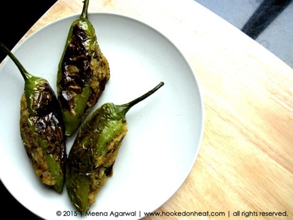 Recipe for Bharwaan Mirch (Spicy Stuffed Peppers), taken from www.hookedonheat.com. Visit site for detailed recipe.