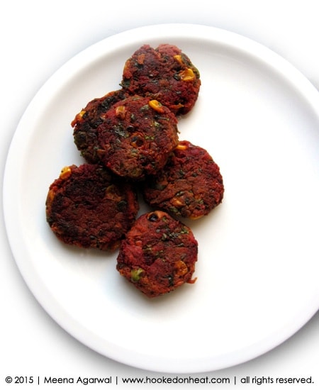Recipe for Spinach & Beet Cutlets, taken from www.hookedonheat.com. Visit site for detailed recipe.