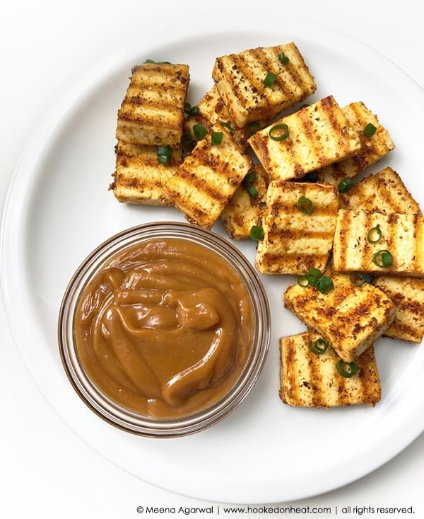 A platter of Fried Tofu served with Peanut Sauce