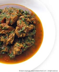 Recipe for Palak Gosht (Lamb & Spinach Curry) taken from www.hookedonheat.com. Visit site for detailed recipe.
