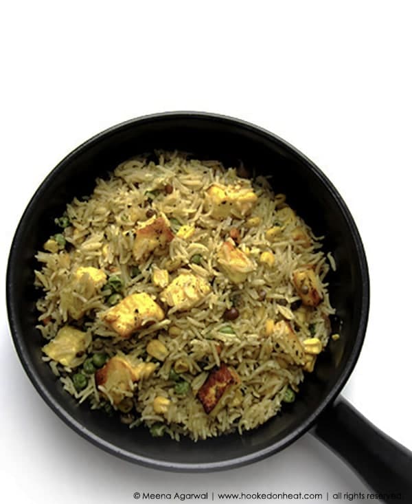 Recipe for Vegetable Pulao with Paneer taken from www.hookedonheat.com. Visit site for detailed recipe.