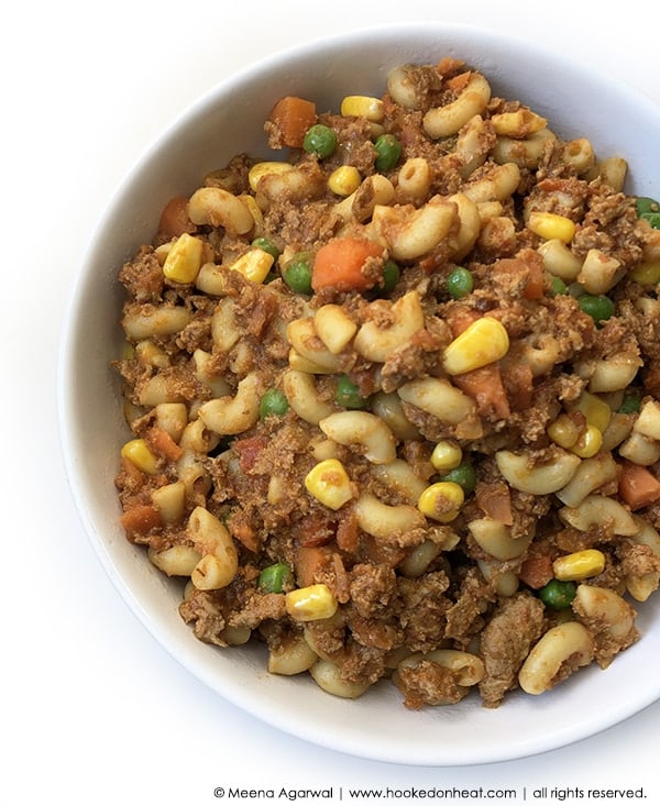 A bowl of Indian-style Keema Pasta