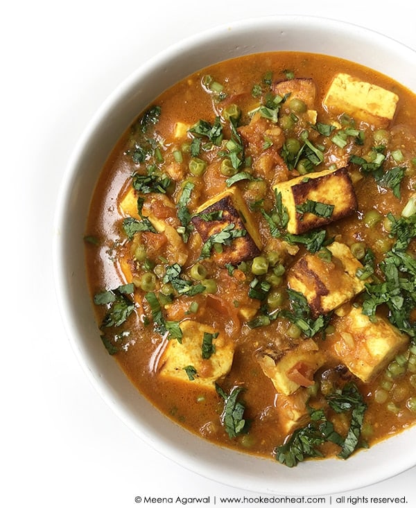 Recipe for Restaurant-style Matar Paneer Curry (Paneer with Peas) taken from www.hookedonheat.com. Visit site for detailed recipe.