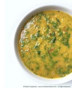 Recipe for Palak Dal (Lentils with Spinach) taken from www.hookedonheat.com. Visit site for detailed recipe.