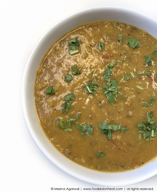 A bowl of Panchmel Dal, also known as Mixed Dal, cooked in an Instant Pot