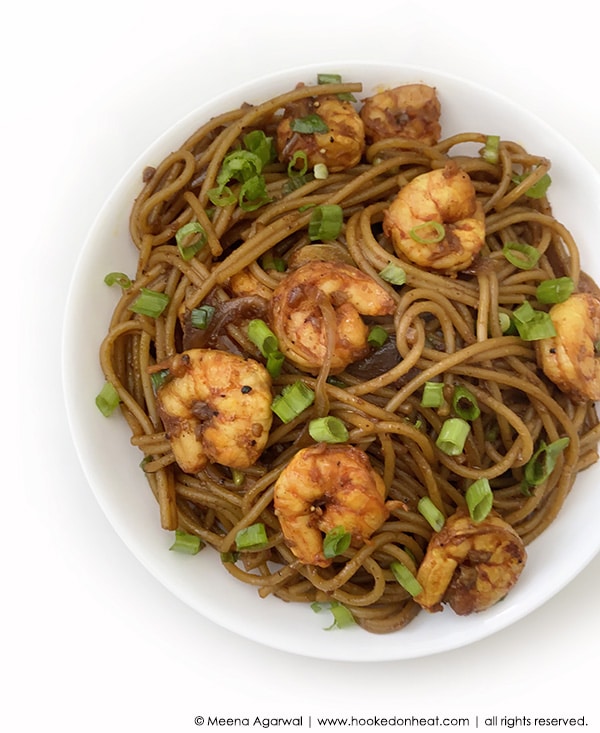 A bowl of Spicy Garlic Noodles with Shrimp
