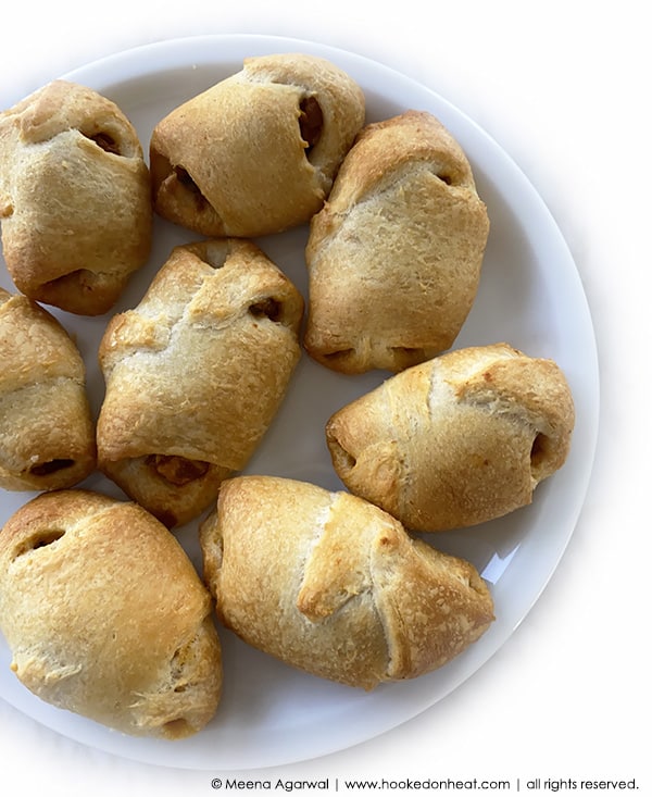 A platter of fresh baked Paneer Croissants or Paneer Stuffed Crescent Rolls